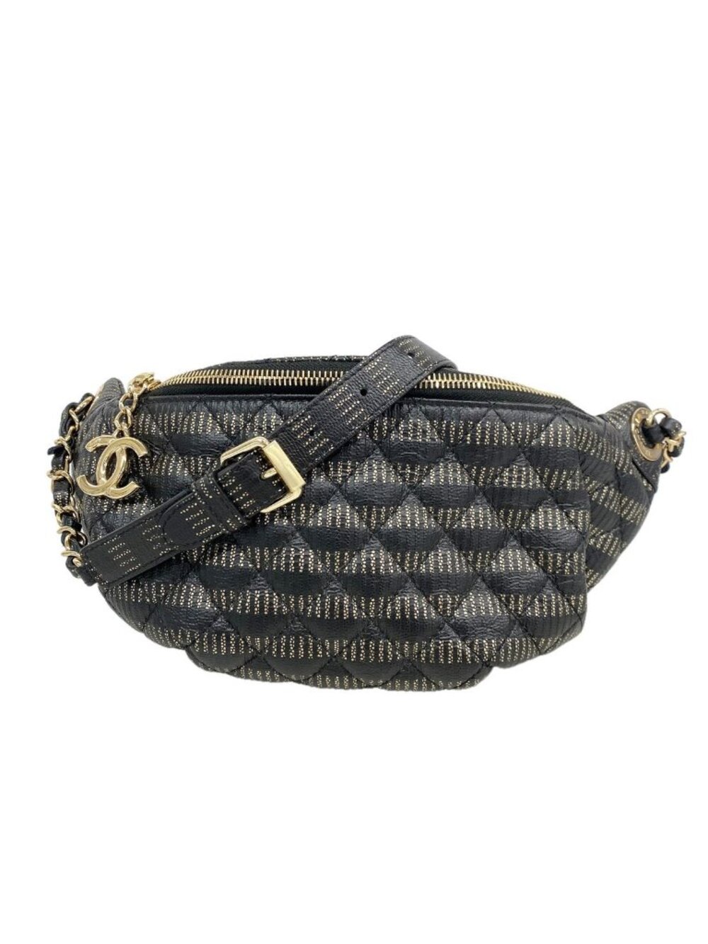 Chanel Waist Bag Quilted Leather Black Champagne Gold